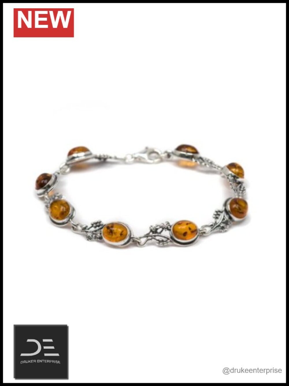 Sterling Silver Amber Link Bracelet 7.5" Natural Gemstone